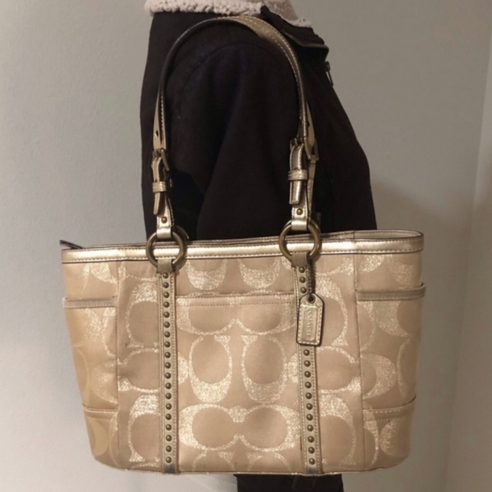 Coach Gold Signature Gallery Tote Bag With Studs
